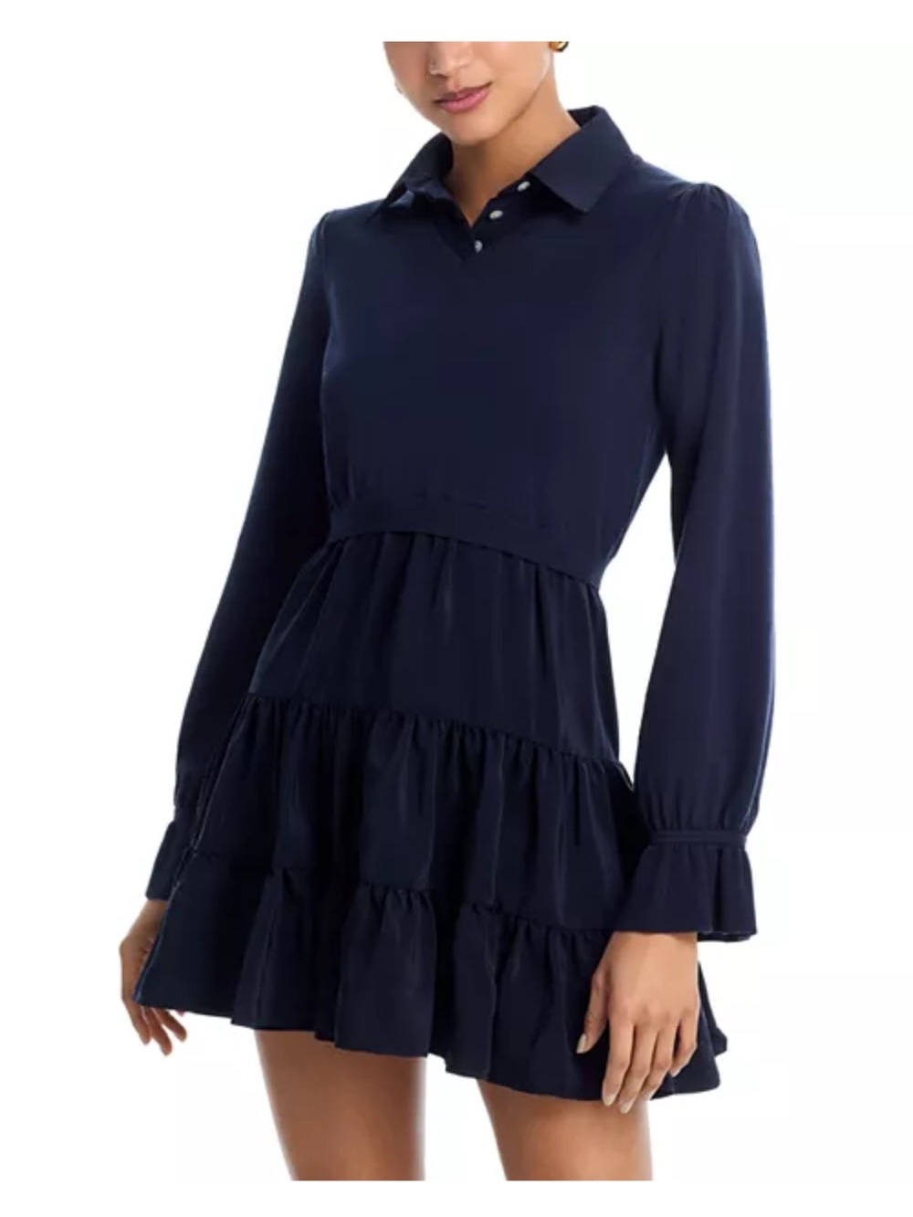 NWT 💙CINQ A SEPT Navy Long-Sleeve Tiered Silk blend Mini Dress